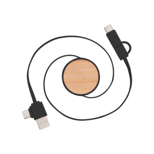 SO 128, BAMBI. Cargador multifuncional circular con detalle de bambú, entrada tipo USB, tipo C, conector de salida tipo lightning y tipo C.