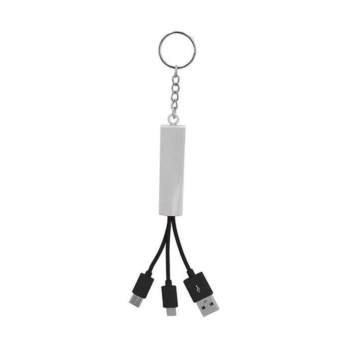 SO 131, BURU. Cable multi USB 3 en 1 con luz y aro para llaves, incluye: 1 cable USB, 1 cable lightning y 1 cable tipo C.